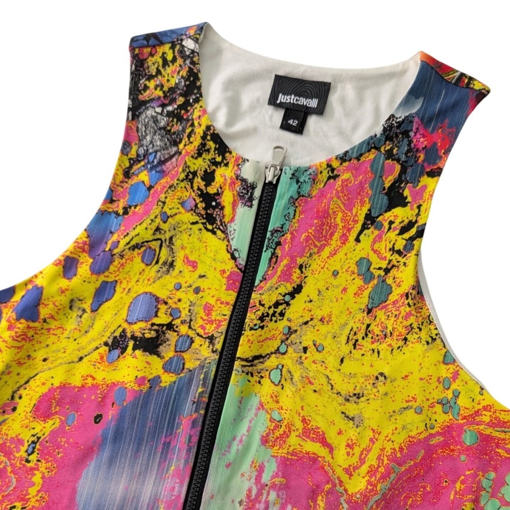 Just Cavalli Zip Front Tank Top Size 42 Multicolor Marble Graphic Print Italy